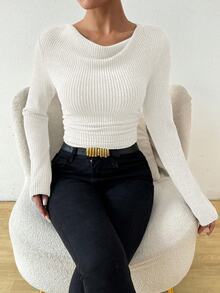 SHEIN Vintage Asymmetrical Draped Neck Distressed Texture Ruched Slim Fit Long Sleeve T-Shirt Fall Cloth For Women - White - View 8