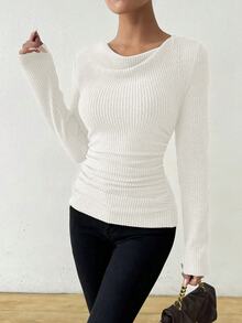 SHEIN Vintage Asymmetrical Draped Neck Distressed Texture Ruched Slim Fit Long Sleeve T-Shirt Fall Cloth For Women - White - View 10
