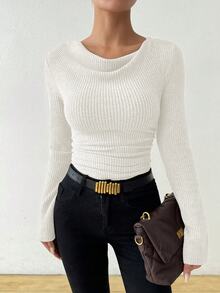 SHEIN Vintage Asymmetrical Draped Neck Distressed Texture Ruched Slim Fit Long Sleeve T-Shirt Fall Cloth For Women - White - View 9