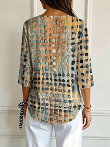 EMERY ROSE Plus Size Vintage Abstract Geometric Dot Print 3/4 Sleeve V-Neck Tops,Distressed Water Ripple Design, Casual Fashion Fall Clothe For Curvy Women - Multicolor - View 2