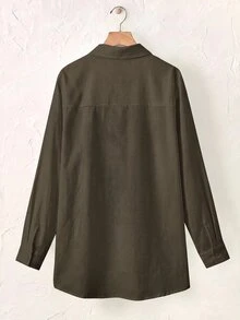 SHEIN BASICS 大尺碼秋季休閒百搭純色襯衫 - 軍綠色 - 查看 2