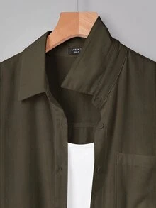 SHEIN BASICS 大尺碼秋季休閒百搭純色襯衫 - 軍綠色 - 查看 6