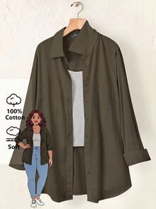SHEIN BASICS 大尺碼秋季休閒百搭純色襯衫 - 軍綠色 - 查看 1