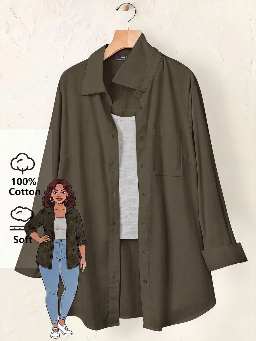 SHEIN BASICS 大尺碼秋季休閒百搭純色襯衫 - 軍綠色 - 查看 1