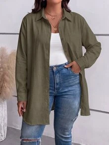 SHEIN BASICS 大尺碼秋季休閒百搭純色襯衫 - 軍綠色 - 查看 7