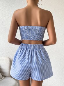 SHEIN 2pcs Casual Bandeau Striped Tank Top And Pocket Shorts Set - Blue and White - View 6