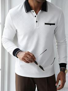 HUEFORM Men's Colorblock Long Sleeve Polo Shirt, Mature, Business, Fashion, Autumn/Winter - White - View 3