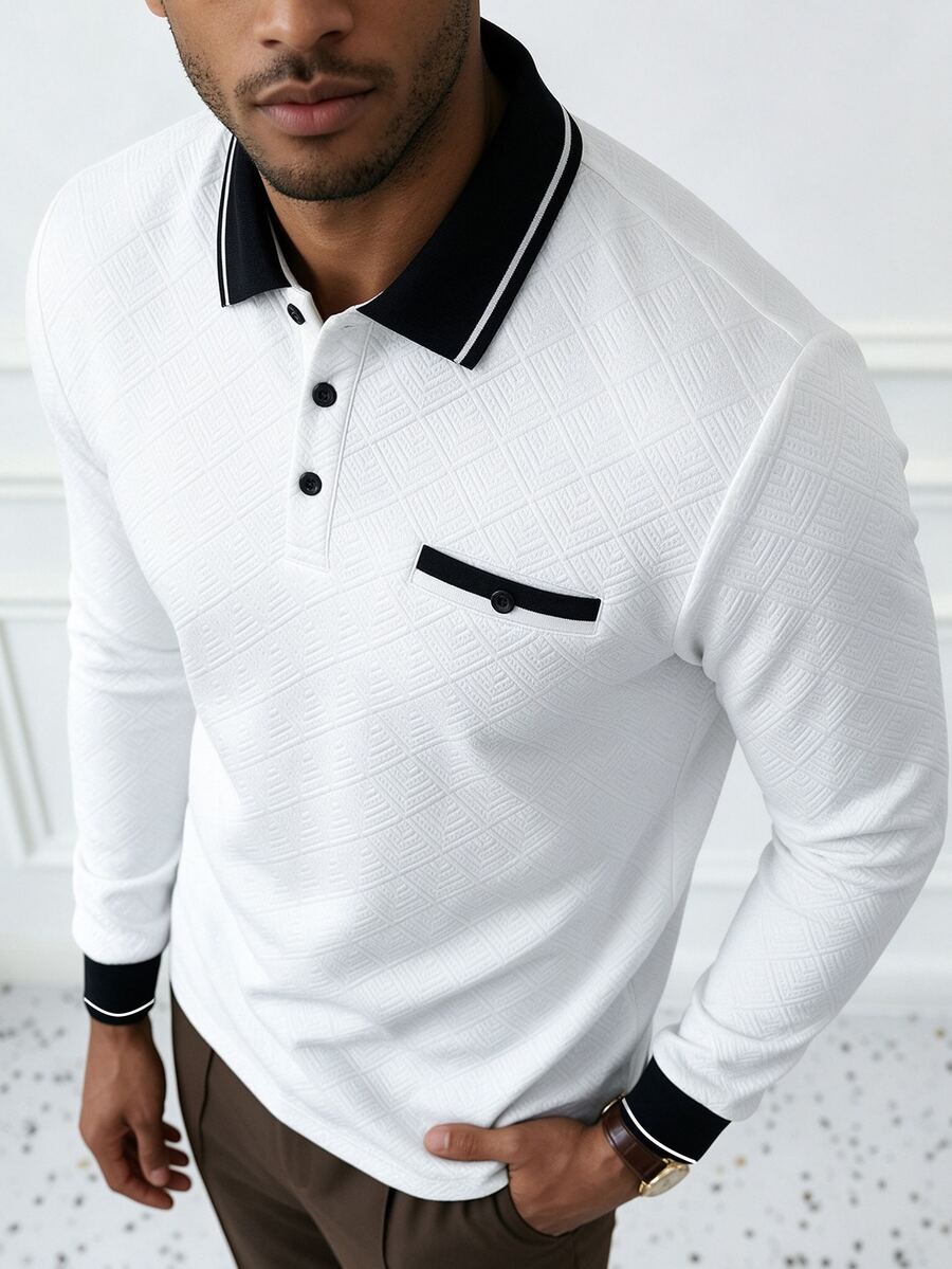 HUEFORM Men's Colorblock Long Sleeve Polo Shirt, Mature, Business, Fashion, Autumn/Winter - White - View 1