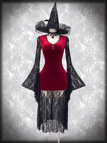SaltGleam SaltGleam Gothic Style Burgundy Velvet Deep V-Neck Cinched Waist Multi-Layer Lace Skirt Bell Sleeve Design Dark Vintage Style Dress - Burgundy - View 4