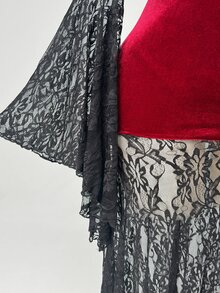 SaltGleam SaltGleam Gothic Style Burgundy Velvet Deep V-Neck Cinched Waist Multi-Layer Lace Skirt Bell Sleeve Design Dark Vintage Style Dress - Burgundy - View 7