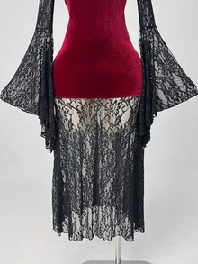 SaltGleam SaltGleam Gothic Style Burgundy Velvet Deep V-Neck Cinched Waist Multi-Layer Lace Skirt Bell Sleeve Design Dark Vintage Style Dress - Burgundy - View 5