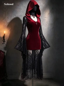SaltGleam SaltGleam Gothic Style Burgundy Velvet Deep V-Neck Cinched Waist Multi-Layer Lace Skirt Bell Sleeve Design Dark Vintage Style Dress - Burgundy - View 1