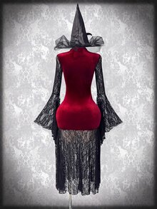 SaltGleam SaltGleam Gothic Style Burgundy Velvet Deep V-Neck Cinched Waist Multi-Layer Lace Skirt Bell Sleeve Design Dark Vintage Style Dress - Burgundy - View 2