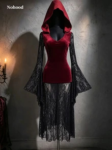 SaltGleam SaltGleam Gothic Style Burgundy Velvet Deep V-Neck Cinched Waist Multi-Layer Lace Skirt Bell Sleeve Design Dark Vintage Style Dress - Burgundy - View 3