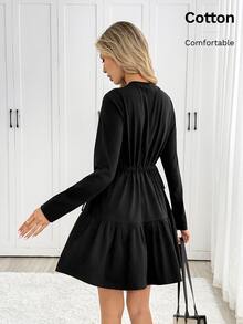 Easowa Women's Solid Color Cinched Waist Short Dress Office Work Black Autumn Casual - Black - View 8