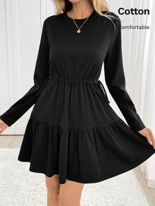 Easowa Women's Solid Color Cinched Waist Short Dress Office Work Black Autumn Casual - Black - View 4