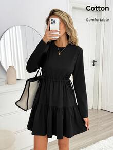 Easowa Women's Solid Color Cinched Waist Short Dress Office Work Black Autumn Casual - Black - View 7