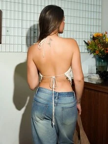 Vivi Wanderley 女款亮片刺繡露背掛脖上衣，米色，夏季，70年代復古，夜生活，派對優雅海灘度假，休閒假期，婚禮賓客，正式場合 - 杏色 - 查看 2