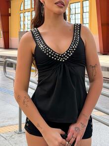 Vivi Wanderley Women's Fashionable Dark Grey Sequin Collar Round Neck Camisole - Black - View 4