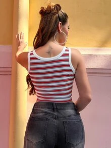 Vivi Wanderley Women's Blue & Red Striped Print Round Neck Camisole - Multicolor - View 2