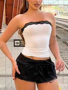 Vivi Wanderley 女士蕾丝撞色修身抹胸上衣 - 白色 - 查看 4