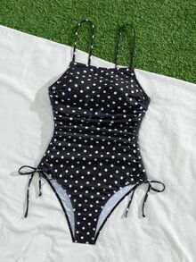 SHEIN Swim 女士休闲复古时尚沙滩度假户外夏季性感百搭波点/经典圆点随机印花系带露背修身连体泳衣，适合春假、返校季、假期、春季海滩度假 - 黑與白 - 查看 8