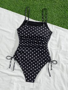 SHEIN Swim 女士休闲复古时尚沙滩度假户外夏季性感百搭波点/经典圆点随机印花系带露背修身连体泳衣，适合春假、返校季、假期、春季海滩度假 - 黑與白 - 查看 7