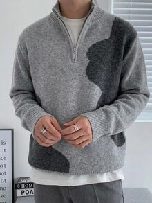 Claim Dot 男士高領懶人長袖套頭毛衣，休閒針織秋冬上衣，秋冬拼接灰色調上衣，時尚寬鬆百搭對比色波浪長袖套頭毛衣 - 淺灰色 - 查看 1