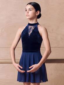SHEIN Áo leotard sát nách ren nhung màu xanh đậm thanh lịch cho thiếu nữ - Xanh đậm - Xem 4