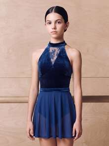 SHEIN Áo leotard sát nách ren nhung màu xanh đậm thanh lịch cho thiếu nữ - Xanh đậm - Xem 2