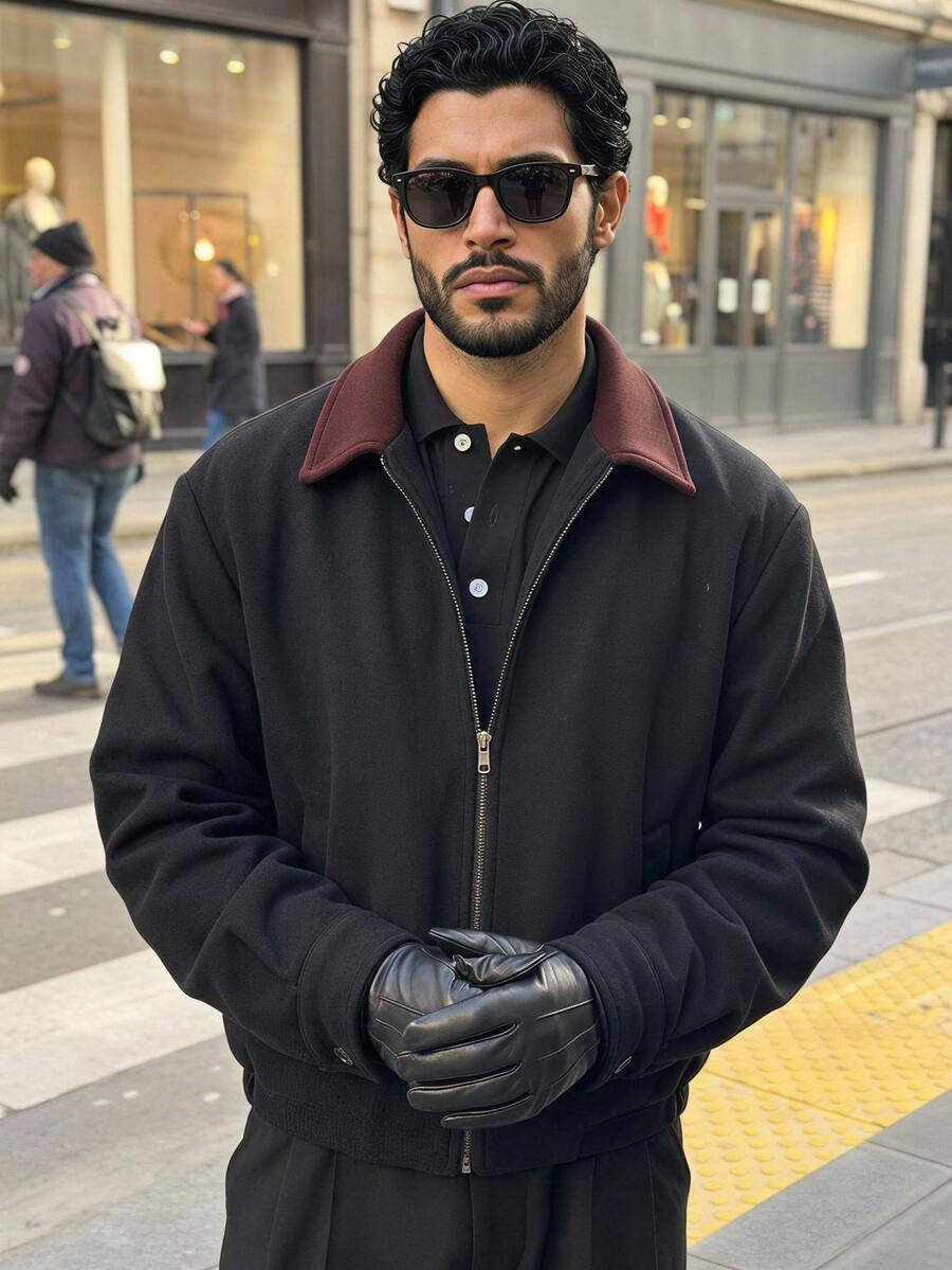 HIMLAND Men's Woolen Fabric Autumn/Winter Casual Versatile Coat Beach Vacation Black, Outdoor, Spring, Zipper Detail