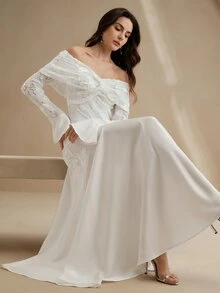 Anewsta 1件女式白色弹力紧身喇叭袖露肩连衣裙 - 白色 - 查看 6