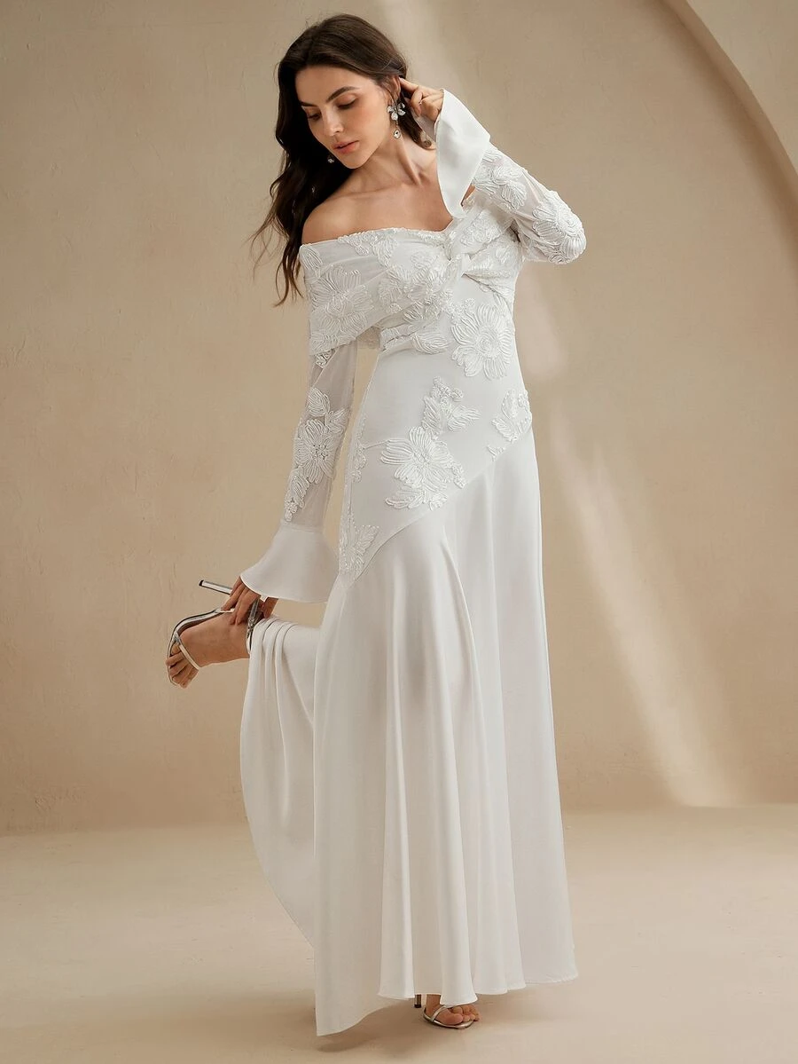 Anewsta 1pc Women's White Stretchy Bodycon Flare Sleeve Off-Shoulder Dress - White - View 1