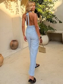Sandy Gomes Women 2 Pieces Set:Striped Print Twist Backless Halter Top And Drawstring Pants, Casual - Blue - View 2