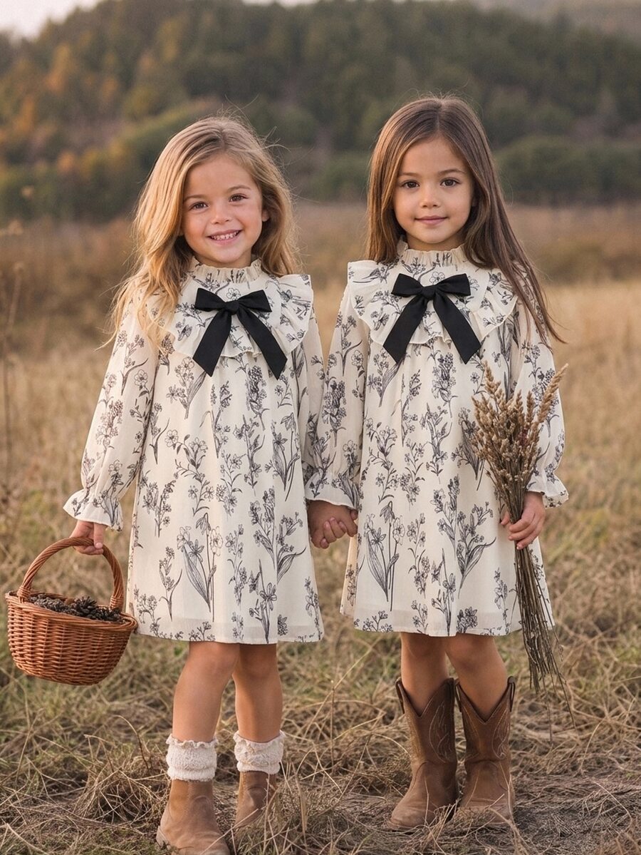 SHEIN Young Girl Woven Ditsy Floral Stand Collar Ruffle Bow Casual Dress - Multicolor - View 1