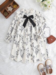SHEIN 女童編織碎花立領荷葉邊蝴蝶結休閒洋裝 - 彩色 - 查看 5