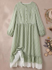 Rusticease Plus Size French Sweet Fairycore Elegant Button Plaid Lace Dress Birthday Party White Autumn Fall - Green - View 4