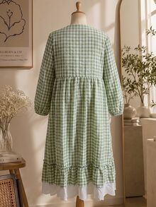 Rusticease Plus Size French Sweet Fairycore Elegant Button Plaid Lace Dress Birthday Party White Autumn Fall - Green - View 5