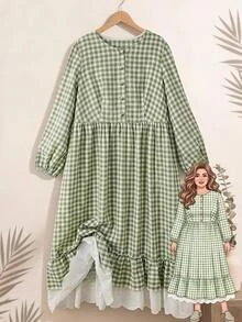 Rusticease Plus Size French Sweet Fairycore Elegant Button Plaid Lace Dress Birthday Party White Autumn Fall - Green - View 2