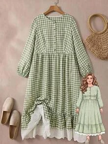 Rusticease Plus Size French Sweet Fairycore Elegant Button Plaid Lace Dress Birthday Party White Autumn Fall - Green - View 3