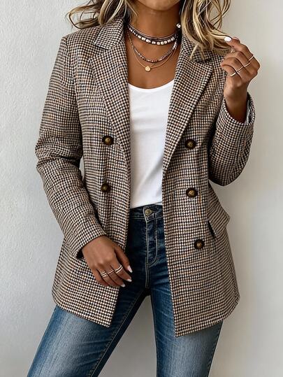 Ceyna Spring Summer Plus Size Women's Fashion Black And White Casual Elegant Plaid Double-Breasted Patch Pocket Lapel Long Sleeve Blazer Teachers' Day