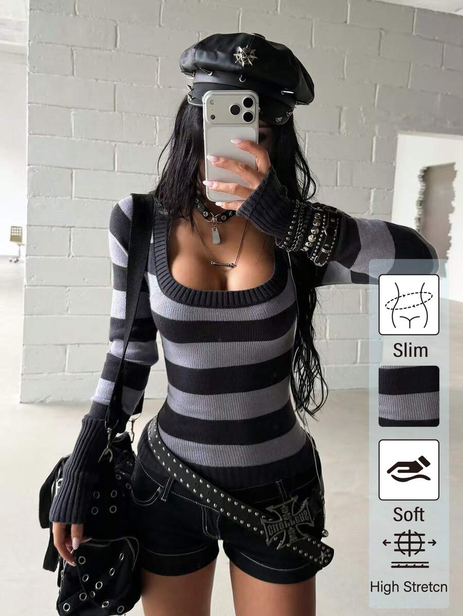 StreetHx 女款街頭風 Grunge Goth 秋冬低 U 領修身收腰 Y2K 復古黑白條紋針織上衣，萬聖節夜生活穿搭