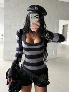 StreetHx 女款街頭風 Grunge Goth 秋冬低 U 領修身收腰 Y2K 復古黑白條紋針織上衣，萬聖節夜生活穿搭 - 彩色 - 查看 4