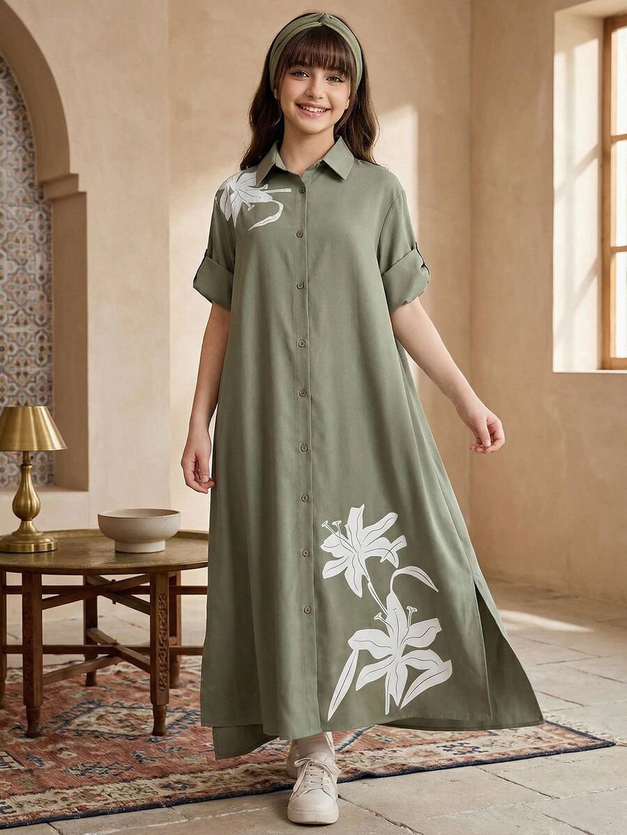 Đầm trẻ em cho bé gái tuổi teen, dệt, màu trơn xám xanh, họa tiết hoa ly lớn, cổ đứng, cài nút trước, dáng rộng, vai trễ, tay lỡ gấp, phong cách thường ngày đi du lịch mùa xuân/hè - màu xanh lá - Xem 1