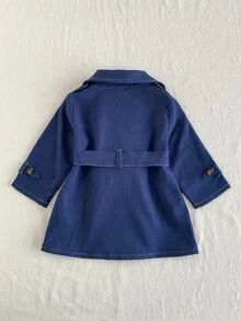 SHEIN 1件幼童女童藍色風衣外套，蝴蝶結腰帶，雙排扣，長袖翻領，標準版型，適合派對、婚禮賓客穿著 - 藏蓝色 - 查看 2