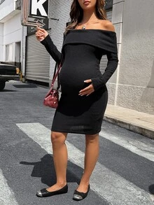 Lyckli Maternity Solid Color Off-Shoulder Long Sleeve Fitted Fashion Dress Fall - Black - View 5