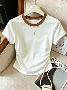 Resyla 女款夏季外出上衣 收腰 T-shirt 極簡百搭白色與棕色 開學季 教師款 休閒百搭 旅行日常穿搭 - 彩色 - 查看 3