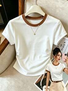 Resyla 女款夏季外出上衣 收腰 T-shirt 極簡百搭白色與棕色 開學季 教師款 休閒百搭 旅行日常穿搭 - 彩色 - 查看 1