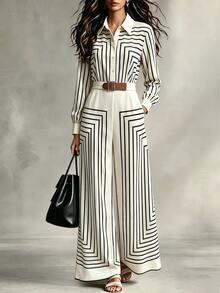 Trelyra Women's New Fashion Linear Lapel Long Sleeve Belt Waist Cinched Decorative Casual Commute Jumpsuit - Apricot - View 1
