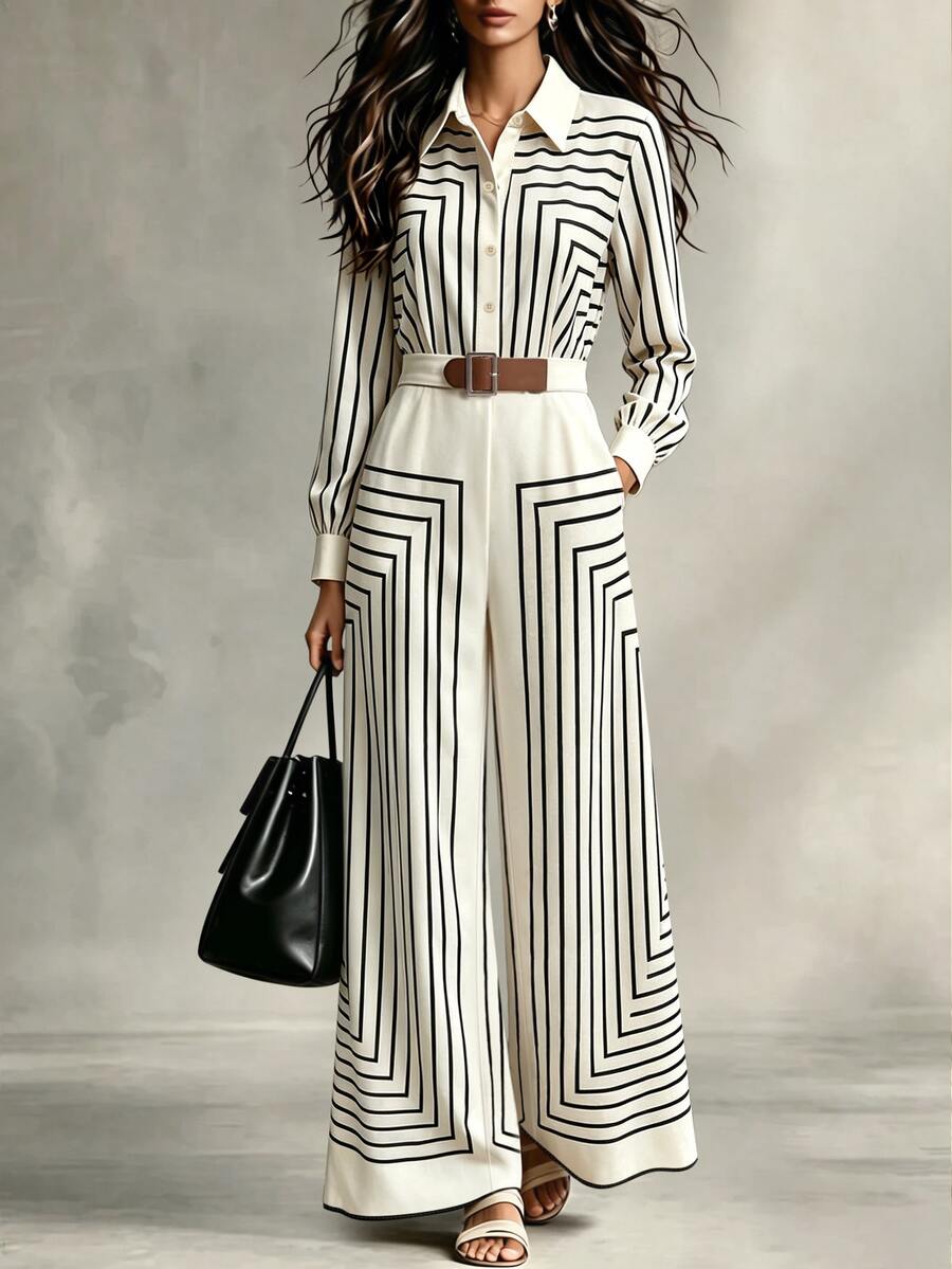 Trelyra Women's New Fashion Linear Lapel Long Sleeve Belt Waist Cinched Decorative Casual Commute Jumpsuit - Apricot - View 1
